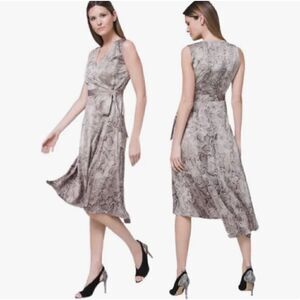 White House Black Market Women's Dress 10 Wrap Midi Snake Gray Sleeveless Hi Low